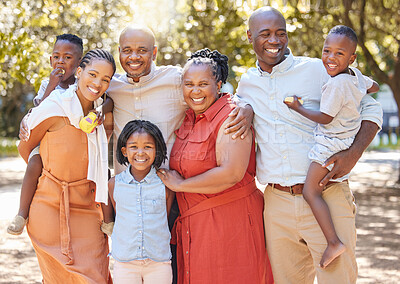 Buy stock photo Big family, grandparents portrait or happy kids in park to relax with siblings on fun holiday together. African dad, mom or children love bonding, smiling or relaxing with grandmother or grandfather