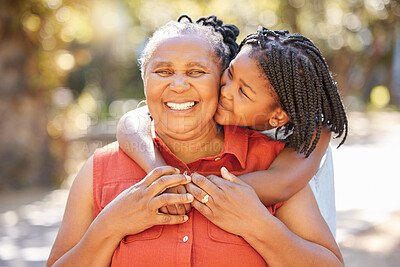 Buy stock photo Kiss, grandmother or girl portrait in park relaxing or smiling in nature on holiday as a happy family. Smile, granny or senior black woman or child loves bonding, kissing or hugging African grandma 