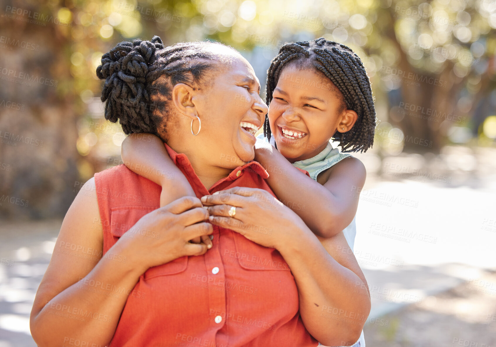 Buy stock photo Happy, grandmother or girl laughing in park relaxing or smiling in nature on holiday vacation as a family. Funny joke, granny or senior black woman or child loves bonding or hugging African grandma 