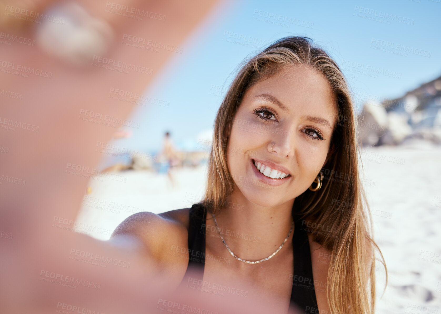 Buy stock photo Woman, beach selfie and smile on holiday with beauty, outdoor or summer vacation in sunshine and blog. Girl, happy influencer and photography for travel, social media and portrait in Rio de Janeiro