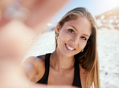 Buy stock photo Woman, beach selfie and smile on vacation with beauty, outdoor or summer portrait in sunshine and blog. Girl, happy influencer and photography for travel, social media and holiday in Rio de Janeiro