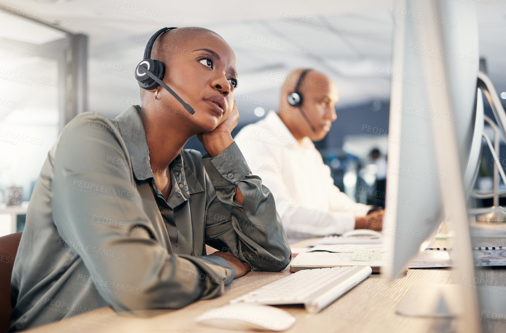 Buy stock photo Call center, stress and a woman with a headset at computer with customer account problem. Black person crm support agent at pc for error, mistake or crisis with telemarketing, help desk or sales fail