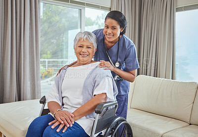 Buy stock photo Portrait of a hispanic senior woman in a wheelchair and her female nurse in the old age home. Mixed race young nurse and her patient in the lounge