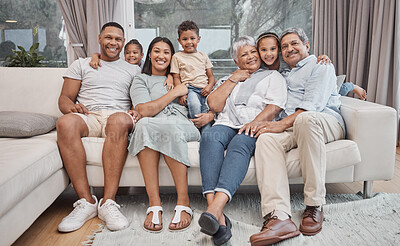 Buy stock photo Home, portrait or happy big family with love enjoying quality time, retirement or bonding in Mexico together. Mother, father or elderly grandparents relaxing on sofa with young children siblings 