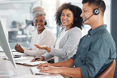Buy stock photo Call center, computer and consultant colleagues working together in an office for assistance. Contact us, crm or customer service with a telemarketing team at work using the internet to help clients