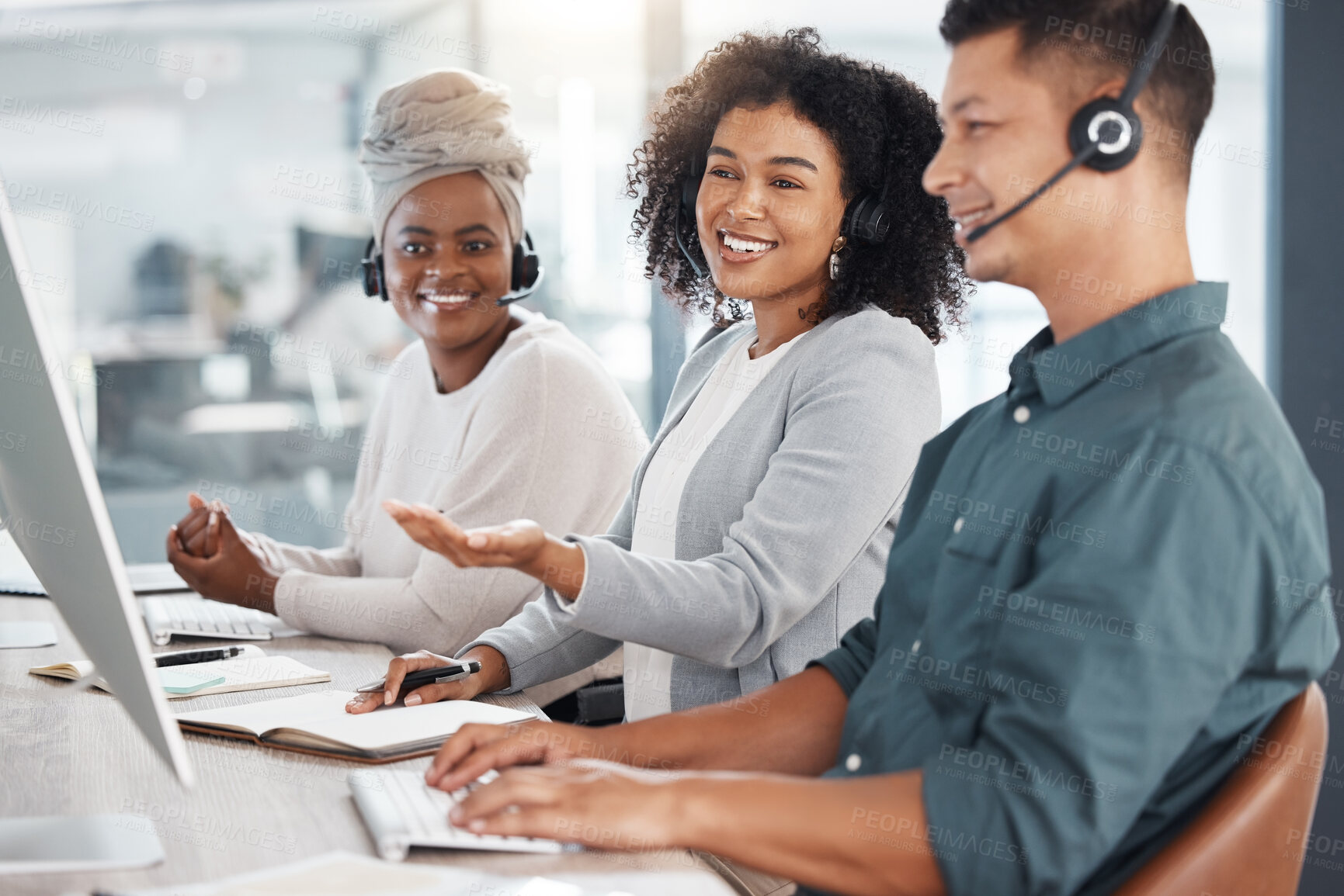 Buy stock photo Call center, computer and consultant colleagues working together in an office for assistance. Contact us, crm or customer service with a telemarketing team at work using the internet to help clients