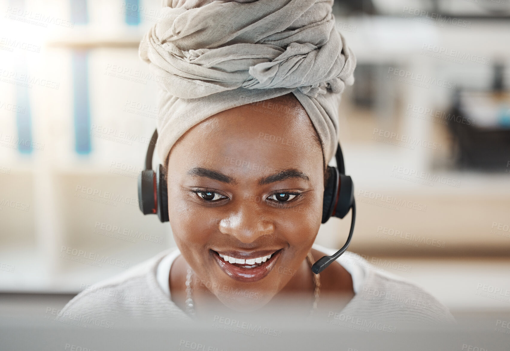 Buy stock photo Smile, call center and black woman on computer for telemarketing, customer service and support. Crm, contact us and sales agent, consultant or employee working at help desk, consulting and business.