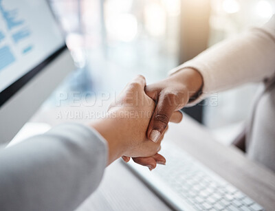 Buy stock photo Thank you, businesspeople shaking hands and at desk of a modern workplace office. Partnership or interview, agreement or welcome and coworkers with a handshake for agreement or congratulations 