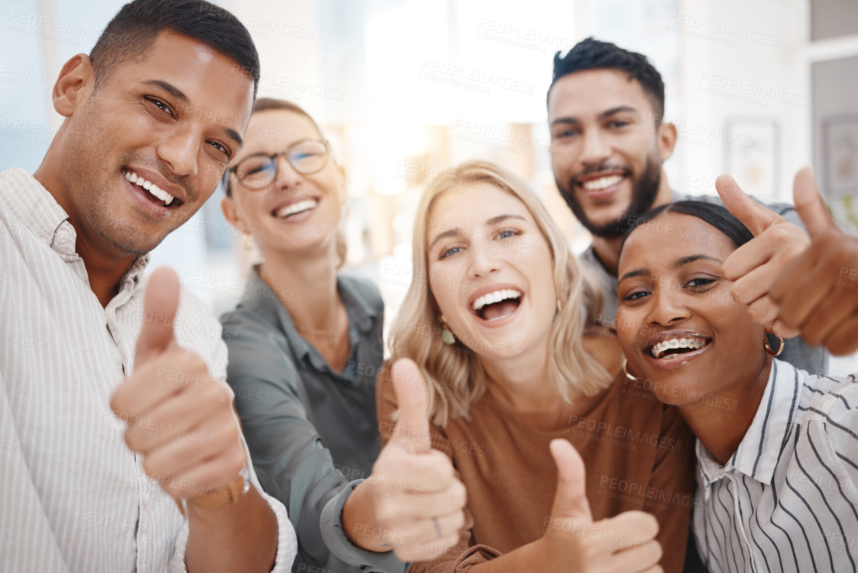 Buy stock photo Group, business people and thumbs up in startup portrait, diversity and solidarity for smile, teamwork or goals. Men, women and agreement with hand, sign language or emoji for collaboration at office