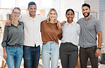 Portrait of a group of confident diverse businesspeople standing with arms around each other in an office. Happy smiling colleagues motivated and dedicated to success. Cheerful and ambitious team working closely together in a creative startup agency
