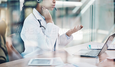 Buy stock photo Doctor, laptop and video call for medical telehealth, consulting support or internet healthcare to lockdown people. Black woman, worker and medicine employee in pulse help on communication tech