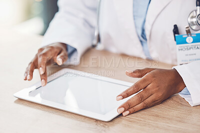 Buy stock photo Telehealth doctor, mockup digital tablet and virtual healthcare analysis, clinic service and surgery planning online. Black woman hands, medical research website and internet app results in hospital