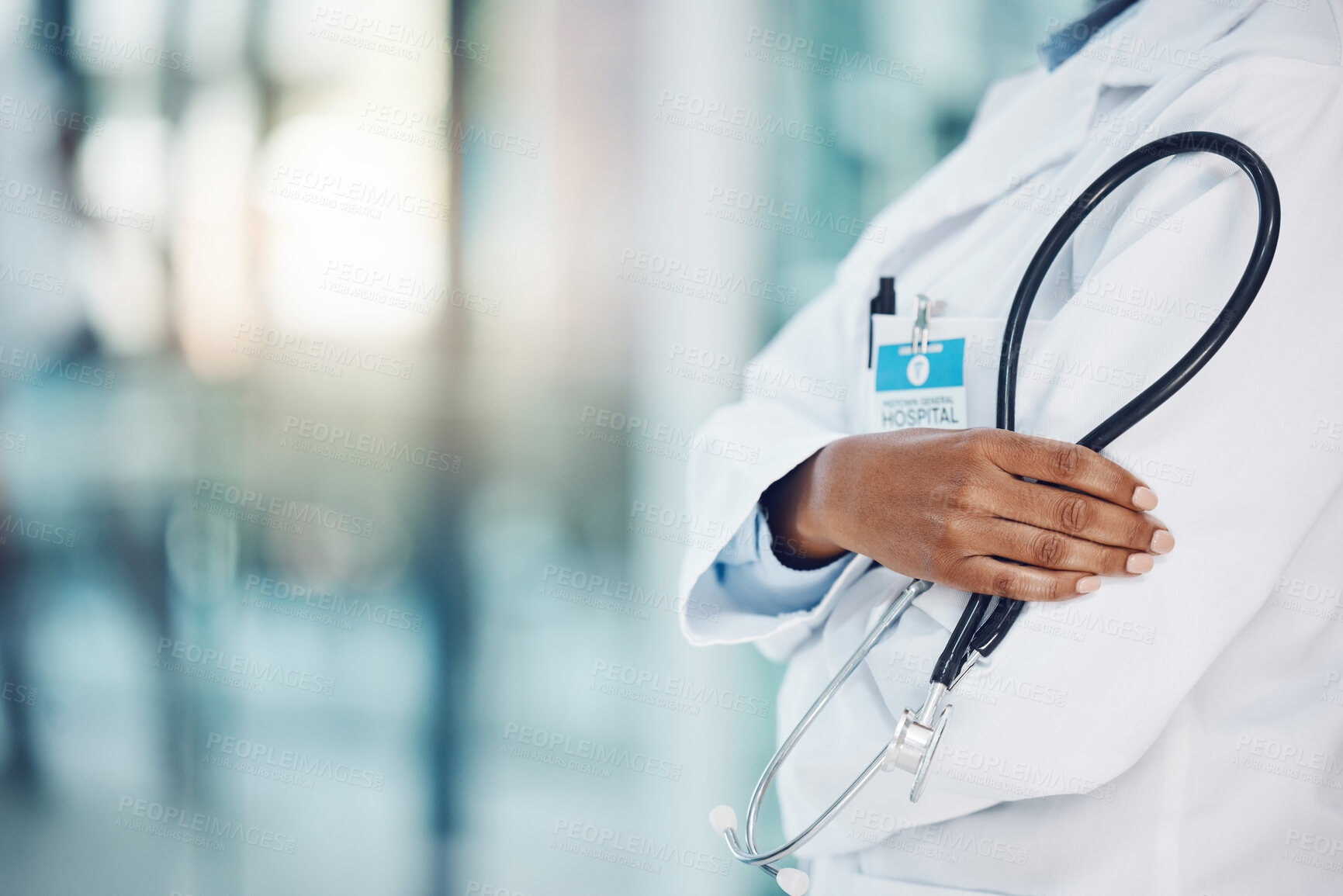 Buy stock photo Black doctor hands, stethoscope and healthcare in hospital for medical leadership, wellness and clinic service. Closeup of cardiology expert, heart surgeon and professional african woman in medicine 