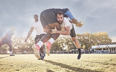 Buy stock photo Sports, rugby and men tackle for ball on field for match, practice and game in tournament or competition. Fitness, teamwork and sport players playing for exercise, training and performance to win