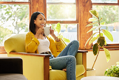 Buy stock photo Relax, smile and woman on couch, coffee and peace with happiness, calm and peaceful in lounge. Female on sofa, happy and person in living room, gratitude and weekend break with self care in home