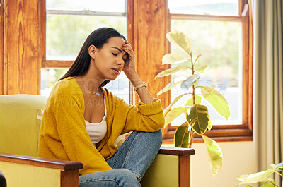 Buy stock photo Headache, stress or Brazilian woman with mental health or burnout anxiety in house living room, home or counseling. Depression, exhausted or tired psychology patient thinking in wellness help therapy