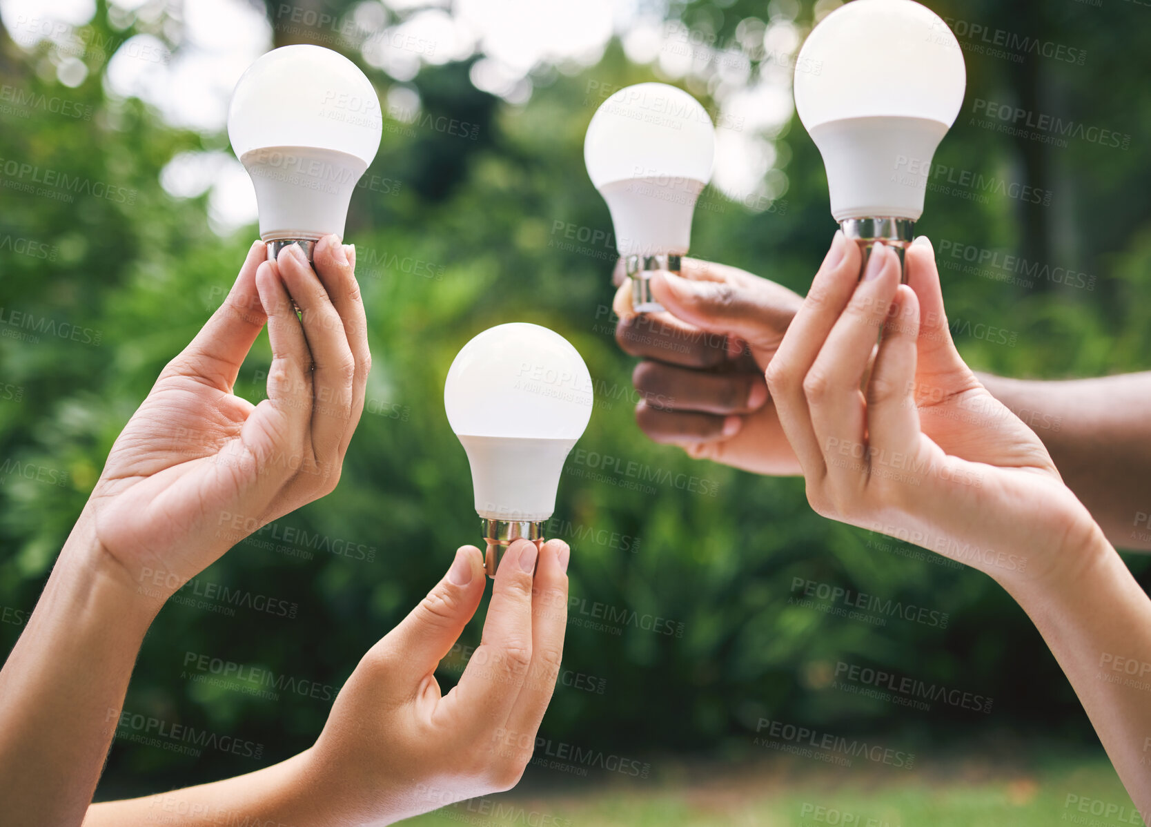 Buy stock photo Multiple hands holding lightbulbs outside in nature. Closeup of multiethnic people holding bulbs as a concept of sustainable electricity. Multiracial people holding lightbulbs