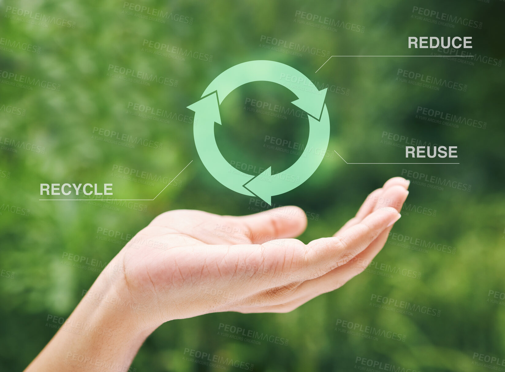 Buy stock photo Hand holding a digital recycle symbol. A digital recycling symbol hovering over a hand. Using technology to recycle, reuse and reduce waste.