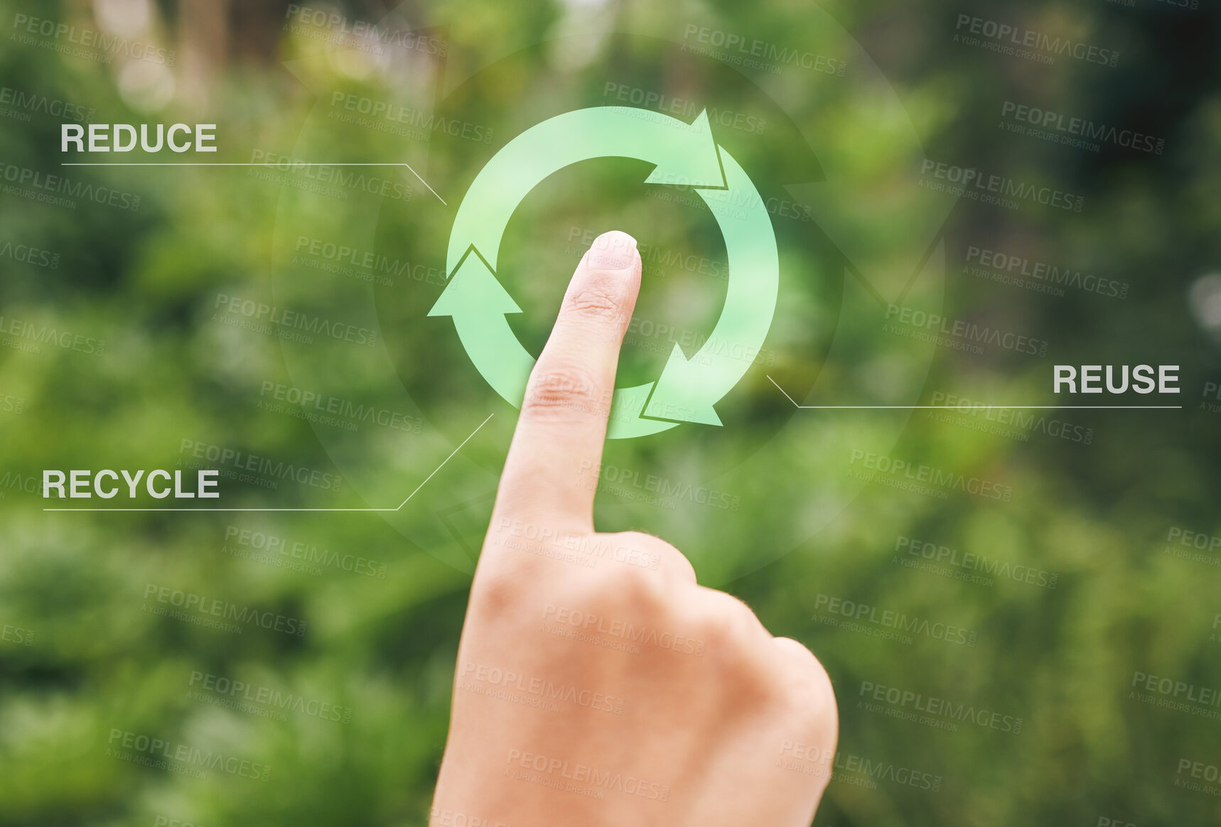 Buy stock photo Finger selecting a digital recycle symbol. A digital recycling button being pressed by a person. Using technology to recycle, reuse and reduce waste.