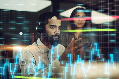 Buy stock photo Businessman, chart and technology with overlay in office for call center and telemarketing at night. Stock market, computer and male consultant in workplace with statistics, sales and teamwork 