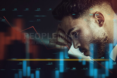 Buy stock photo Stress, stocks and man with headache for debt, chart analysis and error for financial fail. Mistake, graph overlay and male person with anxiety for trading problem, profit loss and fear for inflation