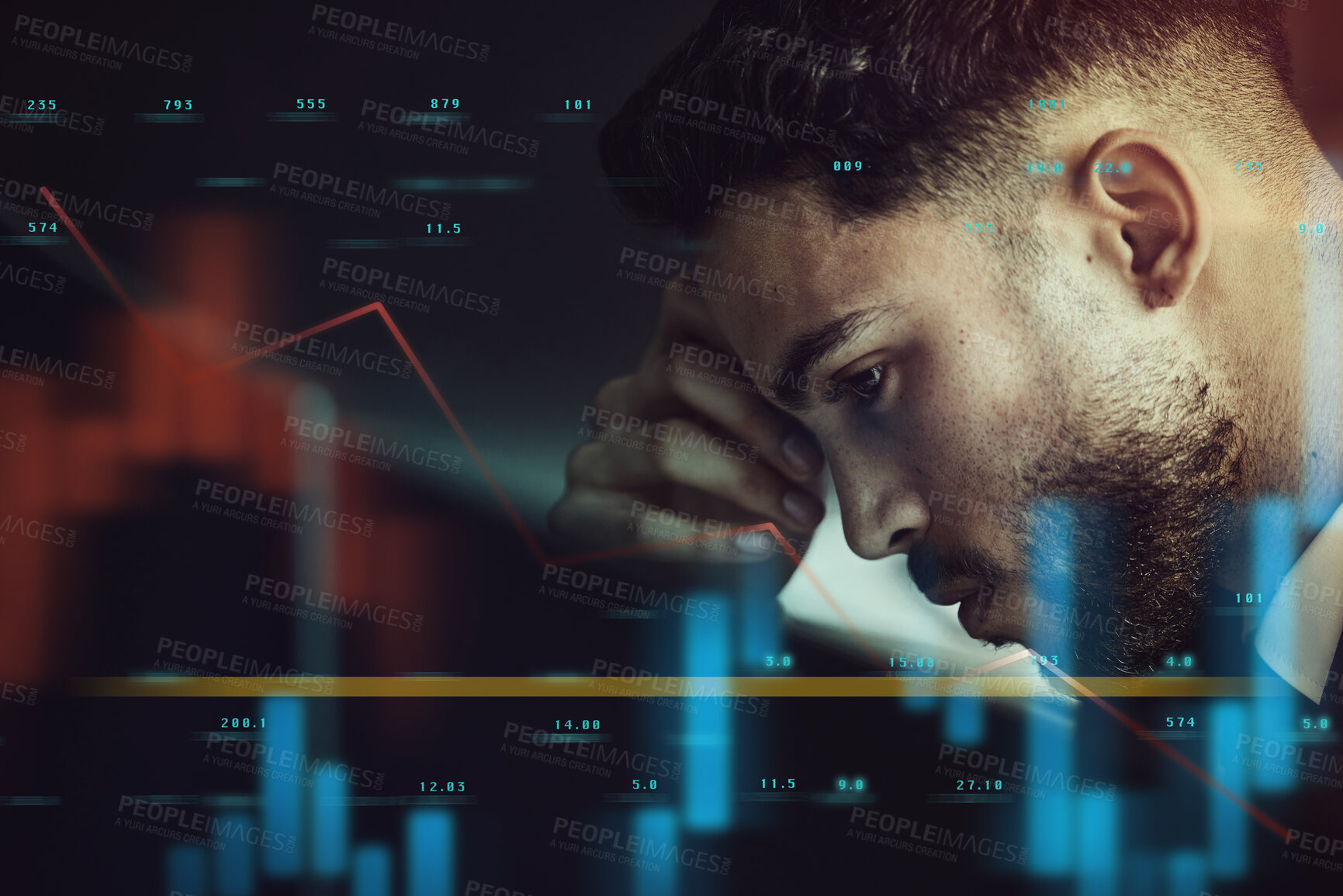 Buy stock photo Stress, stocks and man with headache for debt, chart analysis and error for financial fail. Mistake, graph overlay and male person with anxiety for trading problem, profit loss and fear for inflation