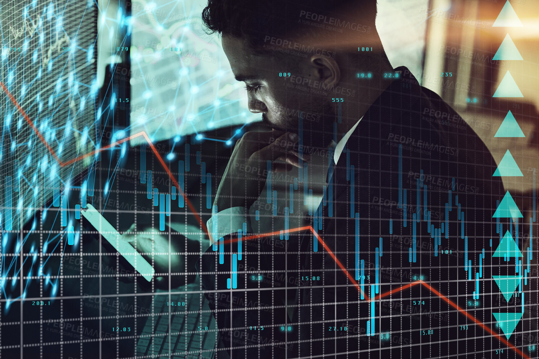 Buy stock photo Business man, stress and thinking of trading with phone and computer stats or data analytics at night in overlay. Trader or analyst with worry for stock market crash, inflation and investment fail