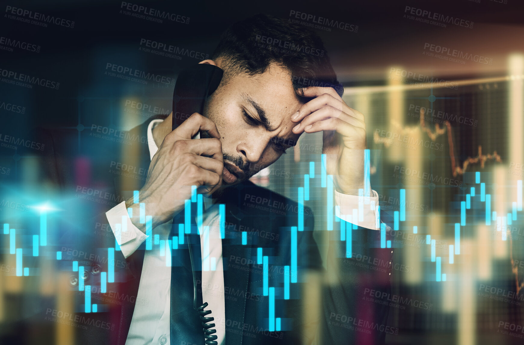 Buy stock photo Businessman, stress and phone call with graph and overlay in office for communication at night. Stock market, connection and male trader in workplace with headache from statistics and networking 