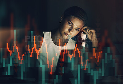 Buy stock photo Woman, laptop and stress with overlay at night for investment, financial risk or stock market crash. Trading, broker and frustrated with technology for exchange crisis, mistake or bad news of economy