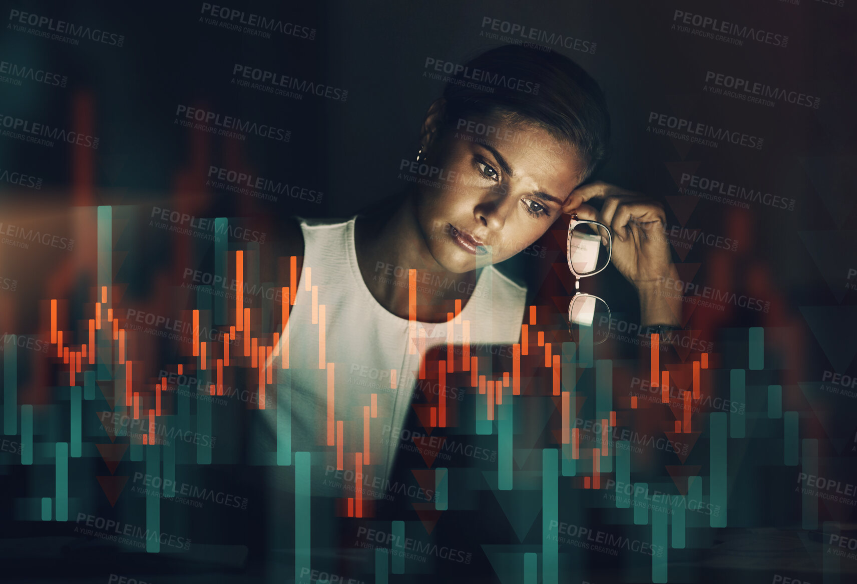 Buy stock photo Woman, laptop and stress with overlay at night for investment, financial risk or stock market crash. Trading, broker and frustrated with technology for exchange crisis, mistake or bad news of economy