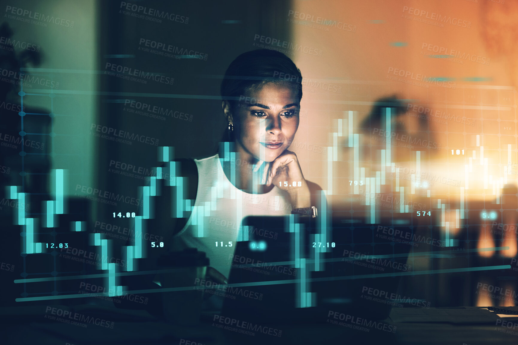 Buy stock photo Woman, overlay and stock trading on laptop at night, finance and market graphs or stats. Female person, website and plan for global exchange or monitor investment, online and accounting on internet