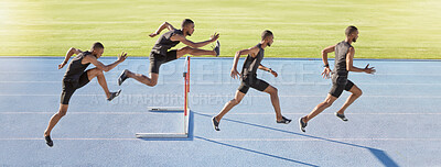 Buy stock photo A male athlete jumping over a hurdle. Sequence of a fast professional sprinter or active track racer running over an obstacle. Sports man training for a track and field race on a sunny day