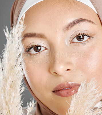 Buy stock photo Closeup portrait face of beautiful young muslim woman wearing natural makeup and headscarf posing with pampas wheat plant against studio background. Glowing modest arab covered in traditional hijab