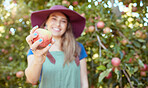 Closeup of one woman holding a freshly picked red and green apple in an orchard farmland outside on a sunny day. Farmer harvesting juicy nutritious organic fruit in season ready to eat