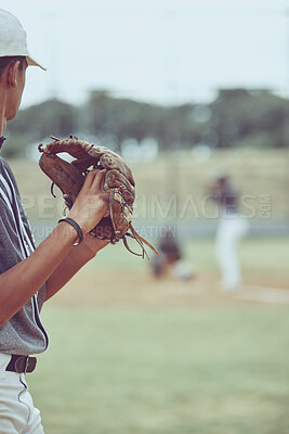 Buy stock photo Closeup of a pitcher playing a baseball match. Sports player in action about to throw the ball to a batter. Competitive athlete at a game of baseball in a stadium between two teams 