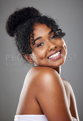 Buy stock photo Skincare, beauty and cosmetics for black woman with perfect smile, dermatology and wellness routine against studio background. Jamaica girl portrait for wellness, health and facial for skin that glow