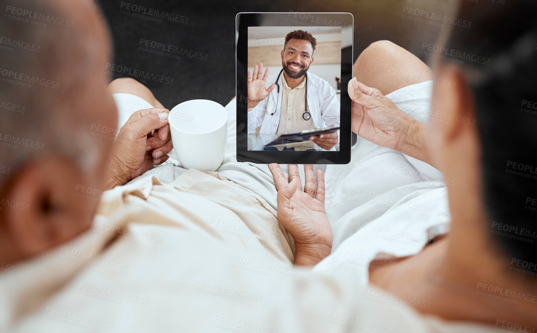 Buy stock photo Digital tablet, video call and doctor consulting with elderly couple in their home for telehealth, checkup and healthcare discussion. Living room, medical and health expert talking to senior people