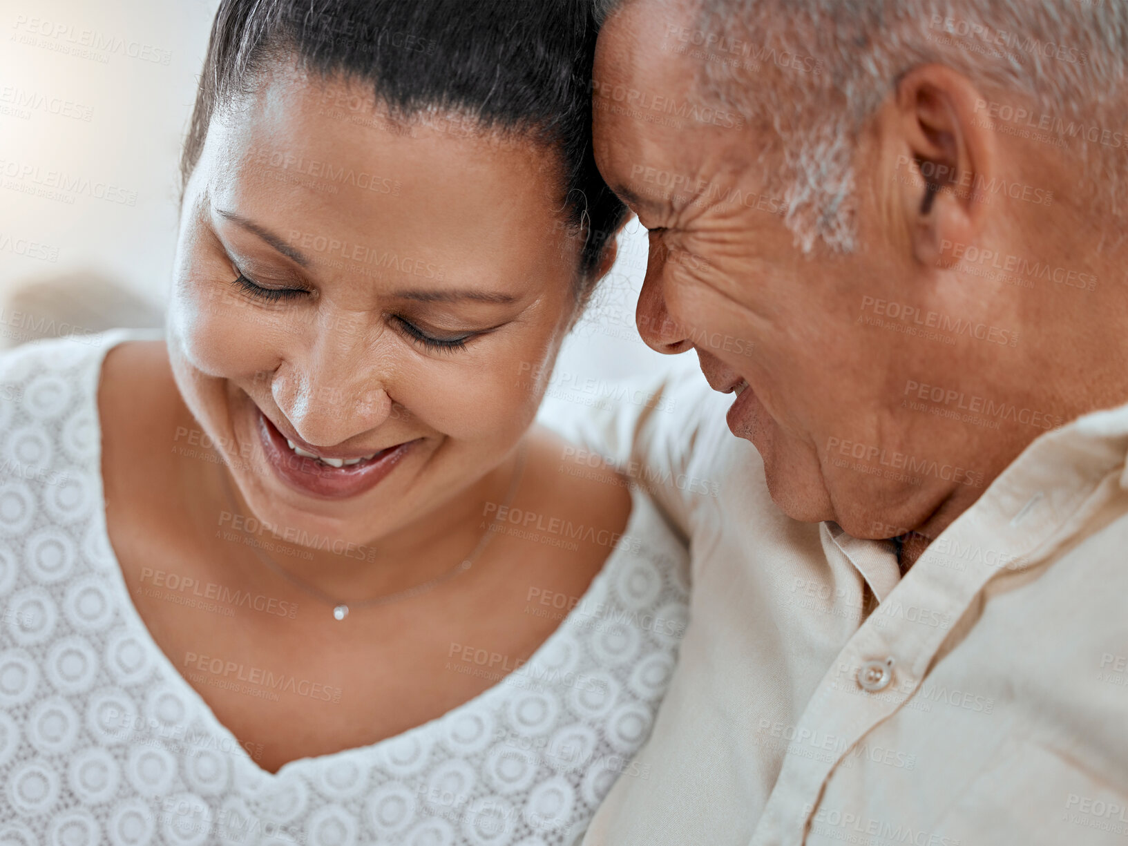 Buy stock photo Love, family and face of elderly couple embrace, relax and smile while bonding and sharing a romantic moment in their home. Senior, man and woman enjoy retirement, relationship and trust and support 