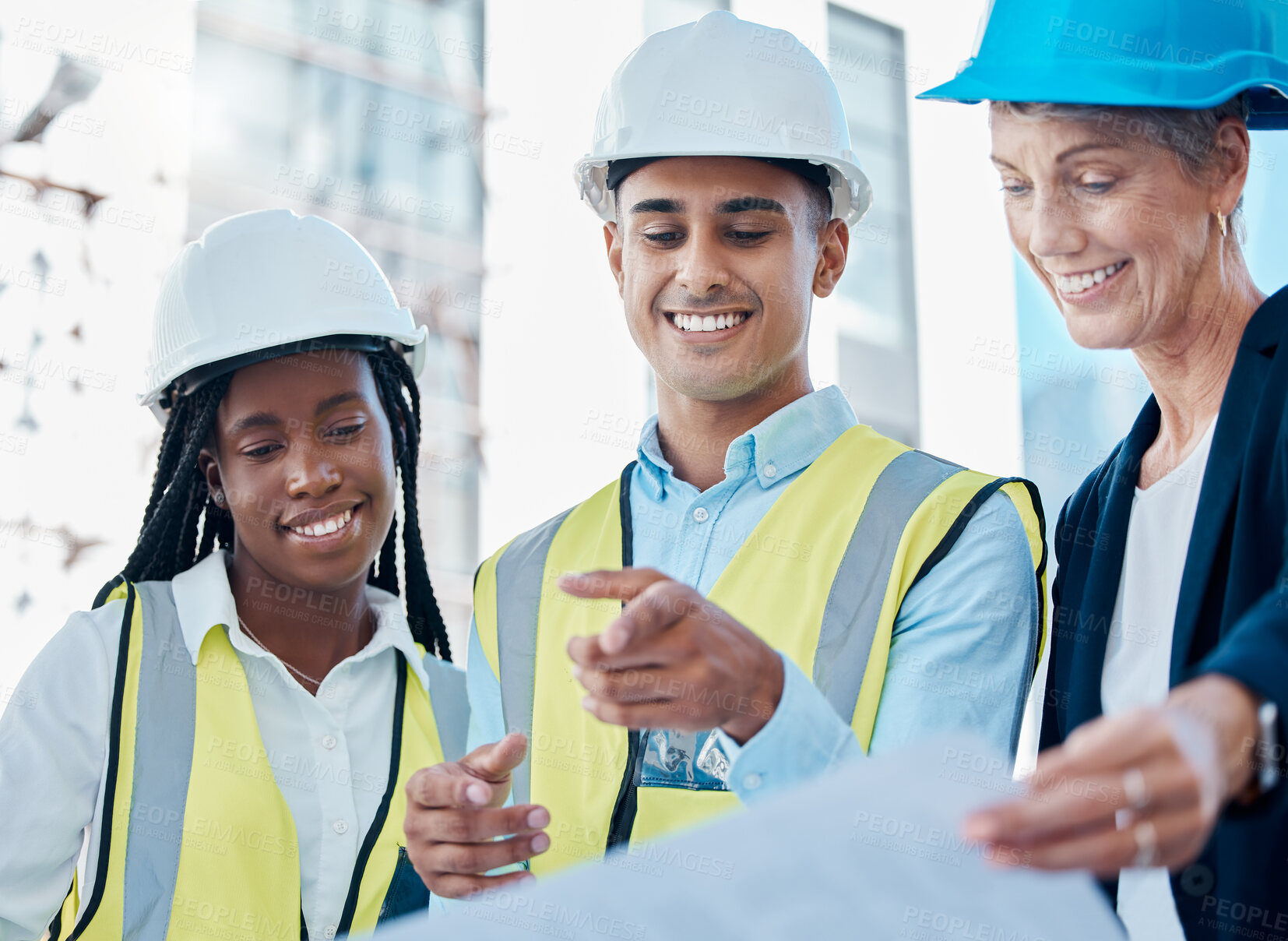 Buy stock photo Business people, architect and smile for team construction planning, collaboration or industrial strategy with blueprint. Happy engineering workers in building plan for architecture industry on site