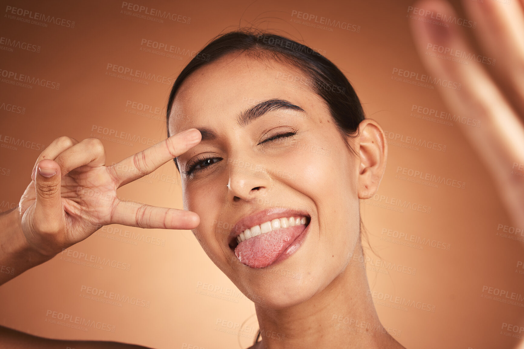 Buy stock photo Peace, sign and selfie woman in studio for beauty, skincare and makeup promotion, marketing or advertising on social media mock up. Cosmetics model portrait in creative skin care photography headshot