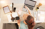 Top view, podcast microphone and woman on laptop recording audio for live streaming mockup. Presenter, host and female influencer on mic for talk show broadcast, radio or talking to online audience.
