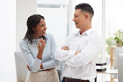 Buy stock photo Diversity, office and work friends in conversation, talking and laughing together on break. Communication, friendship and happiness in the workplace with black woman and man chat, speaking and joke