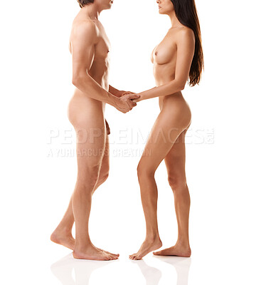 Buy stock photo Full length shot of a gorgeous naked couple standing against a white background