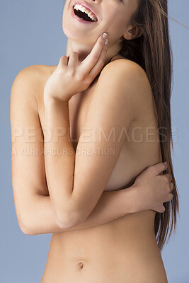 Buy stock photo Nude, woman and cover chest in sexy pose and happiness with beauty in studio. Naked, model and girl smile for healthy body positivity, confidence and self care in sensual position closeup in mockup