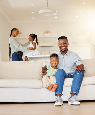 Buy stock photo Happy father, portrait and child on sofa of black family in relax for bonding, holiday or weekend at home. African dad hug or smile with kid for summer break in living room together on couch at house
