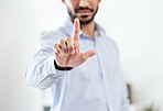 Assertive business man pointing his finger up as command to stop. Closeup portrait of a serious  entrepreneur or corporate male in charge professional making the stop or no gesture