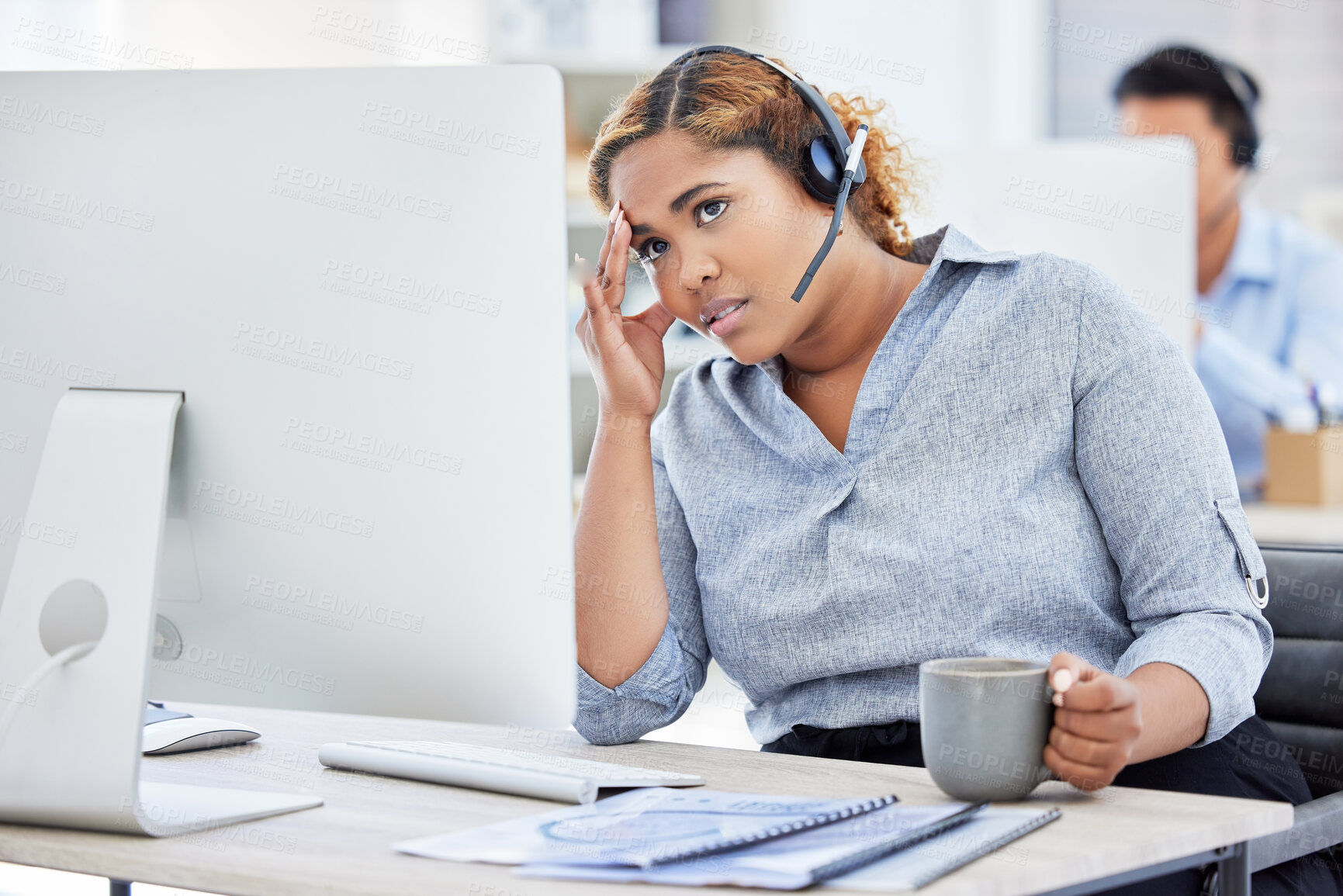 Buy stock photo Tired, frustrated and stressed call center agent with a headache while working in customer service. Female IT support assistant struggling with a migraine and feeling confused or anxious