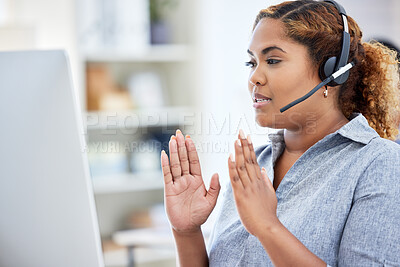 Talking, advice and conversation being had by a call center agent explaining on a virtual meeting, seminar or workshop while working in an office alone at work. Female giving customer service online