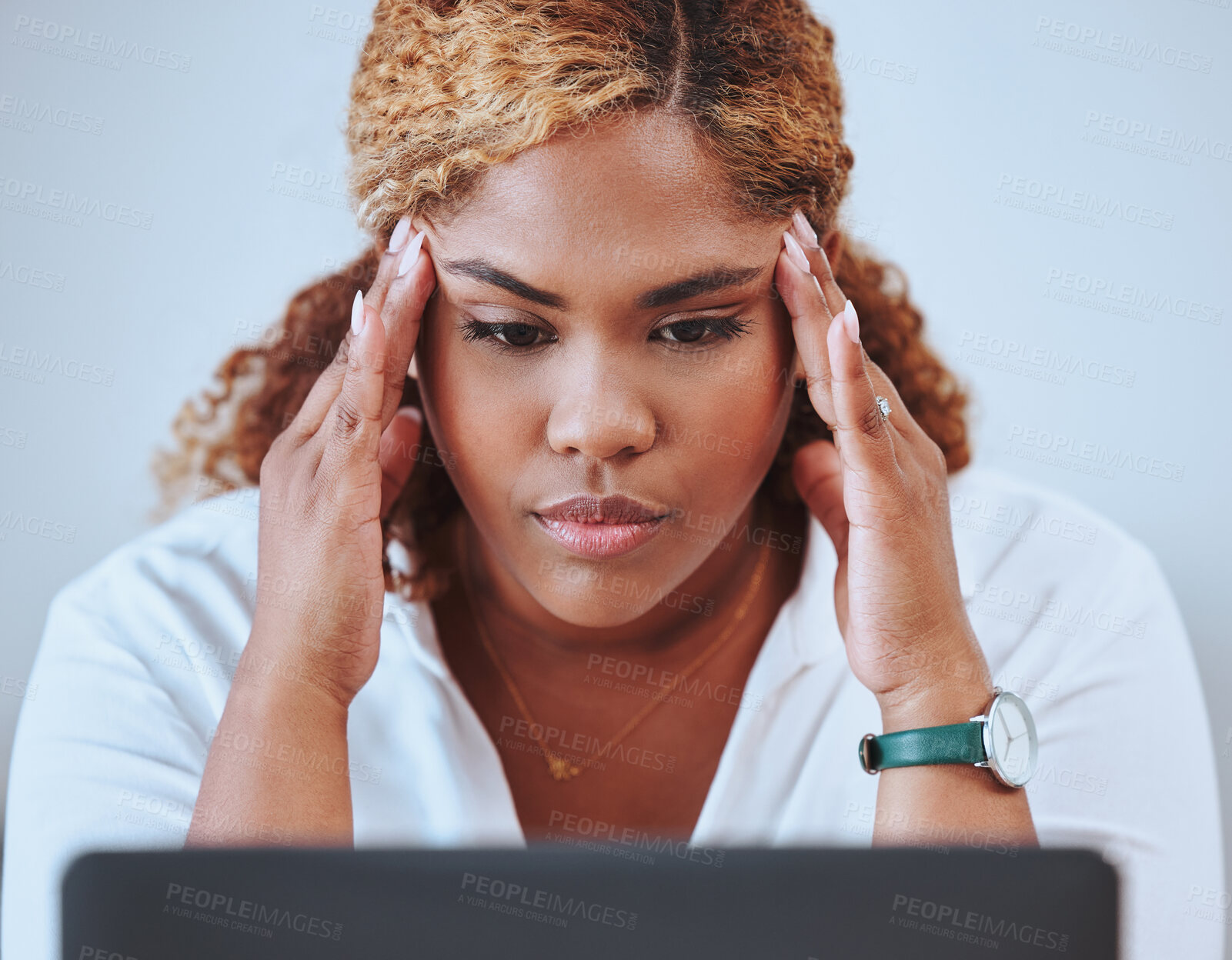 Buy stock photo Stressed, frustrated and unhappy business woman suffering from a headache or migraine and feeling tired at the office. Depressed entrepreneur struggling to focus after a mistake or slow internet