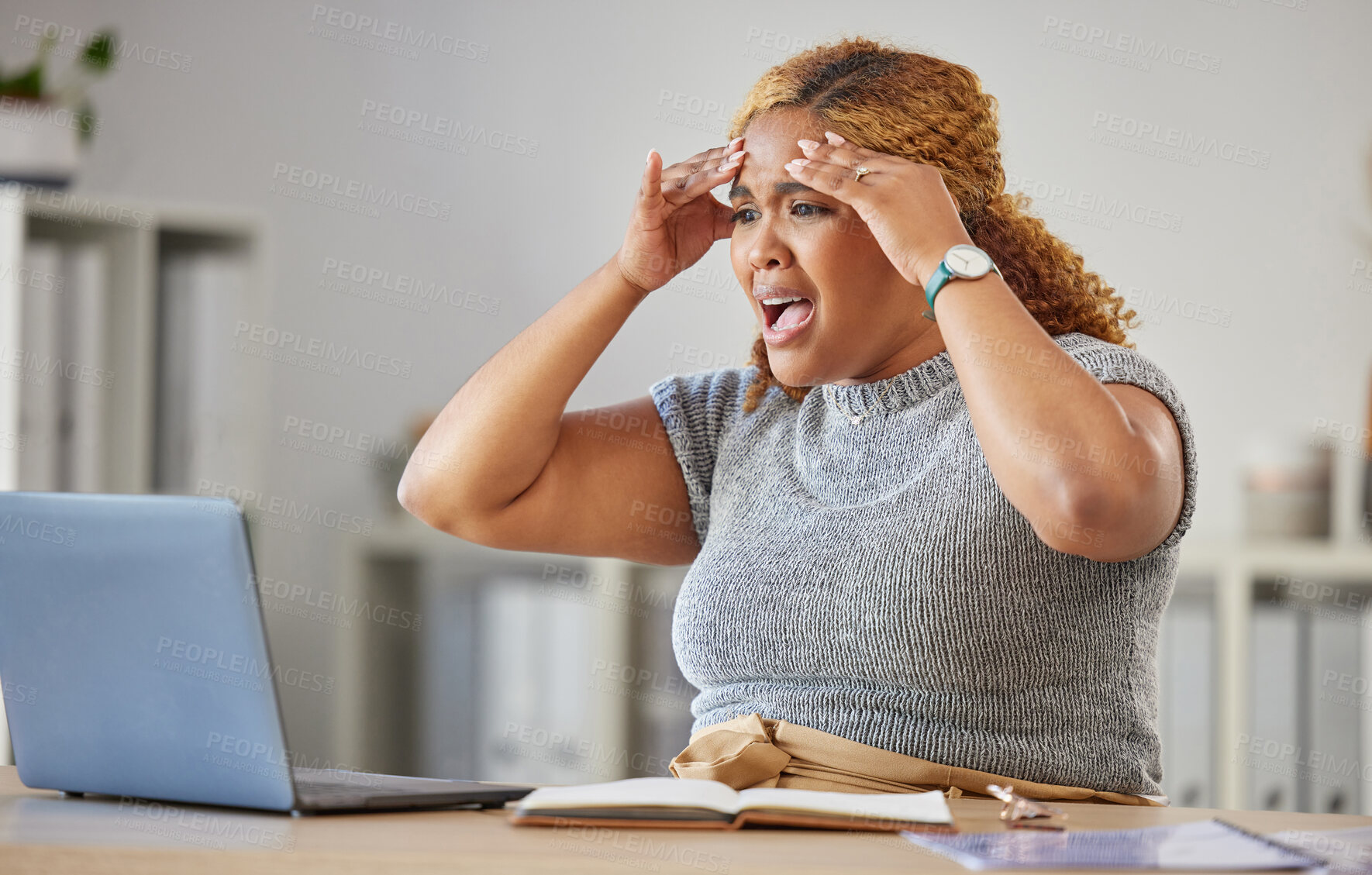 Buy stock photo Frustrated, angry, annoyed business woman reading emails on a laptop in a modern office. Young professional worker stressed about a mistake, upset about broken internet connection or pc 